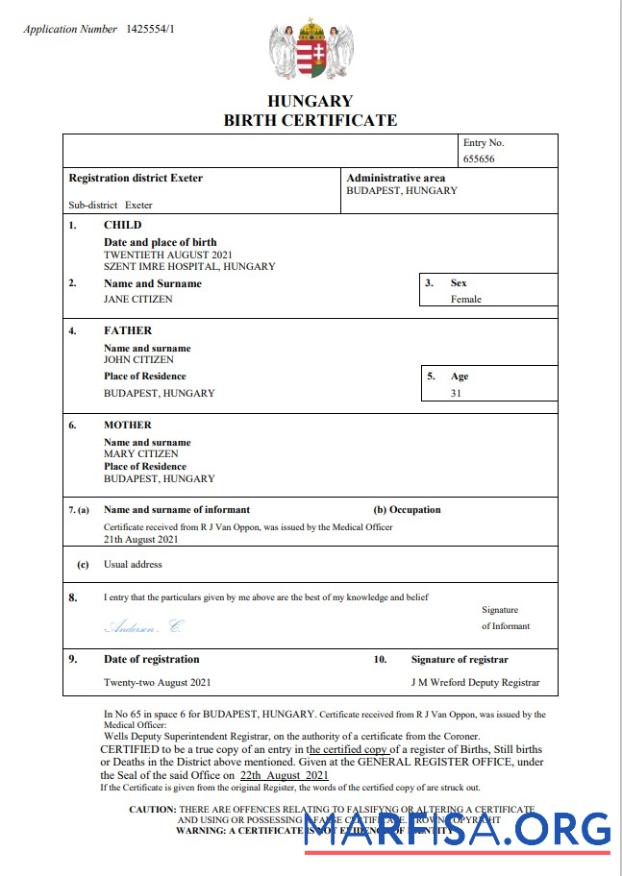 Blank Hungary vital record birth certificate Word and PDF template
